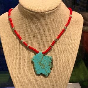 Red bead and genuine turquoise necklace